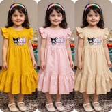 سارافون دخترانه کرومی آستین چیندار پنبه یکرو - فروشگاه مادر دختری