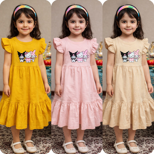 سارافون دخترانه کرومی آستین چیندار پنبه یکرو - فروشگاه مادر دختری